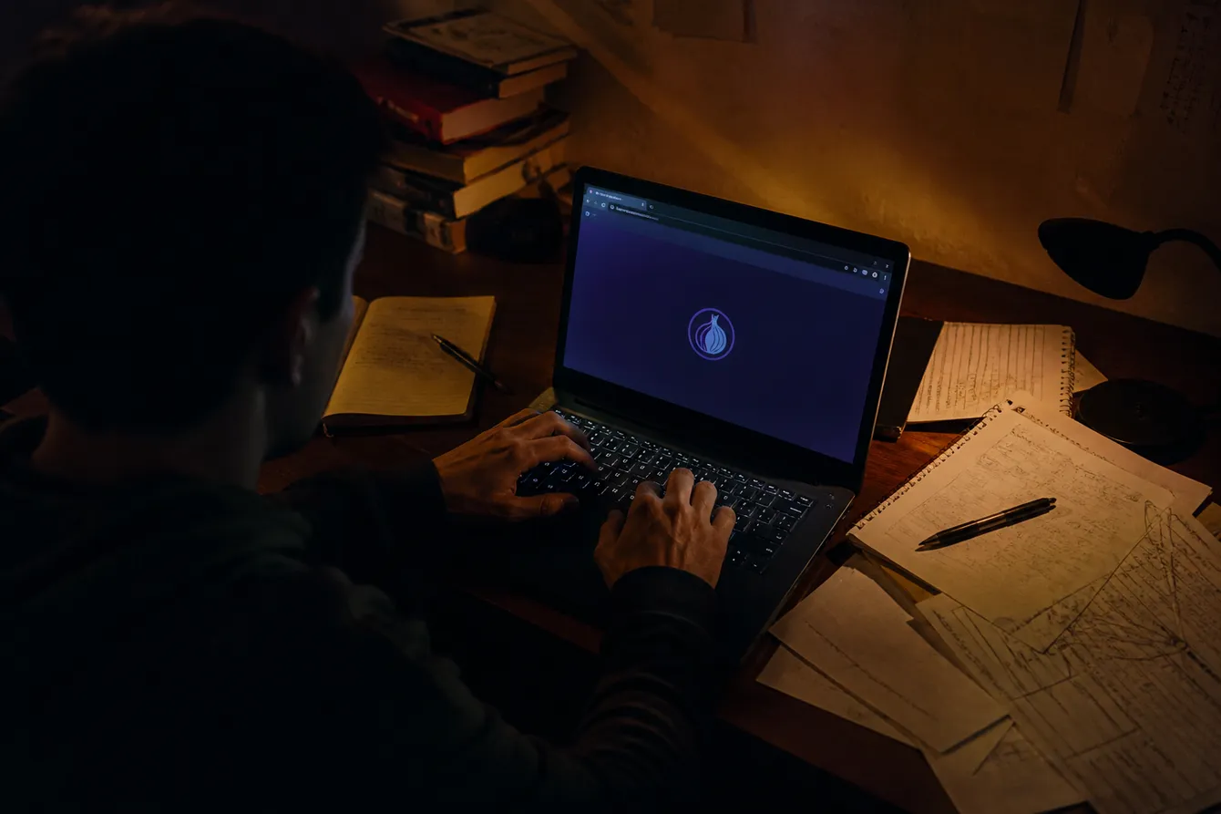 A person carefully navigating the dark web on a laptop in a dimly-lit room, surrounded by notes about safety and resources.