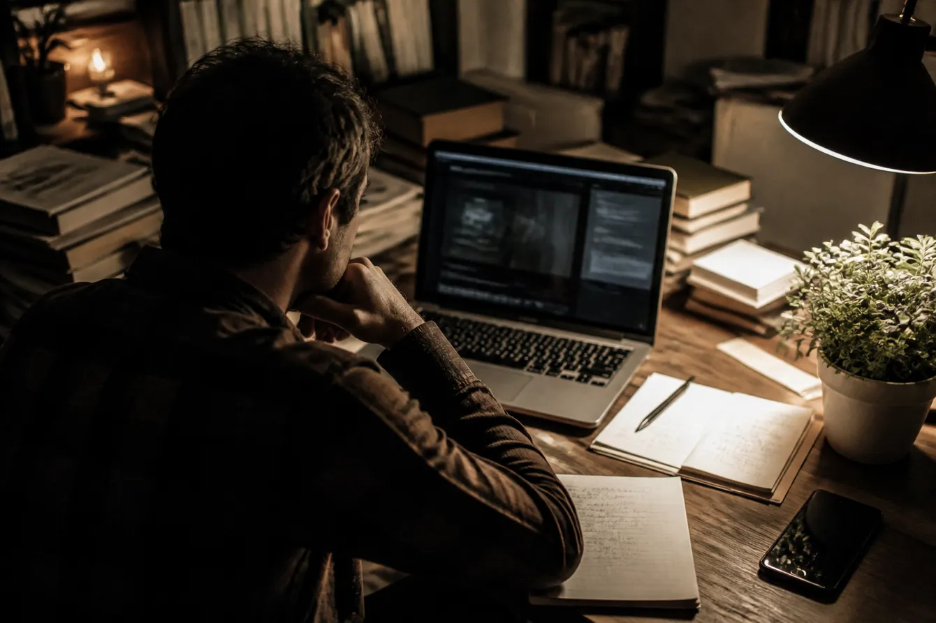 A person navigating dark web content on a laptop in a cozy, dimly lit room with scattered notes.