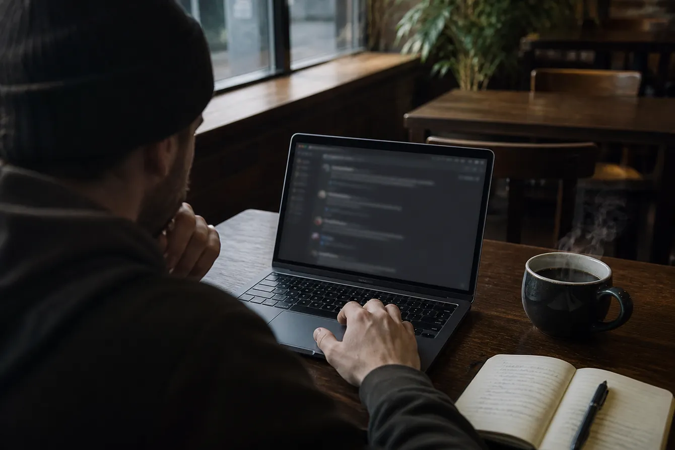 A person researching Tor website recommendations in a café, emphasizing community insights from Reddit.