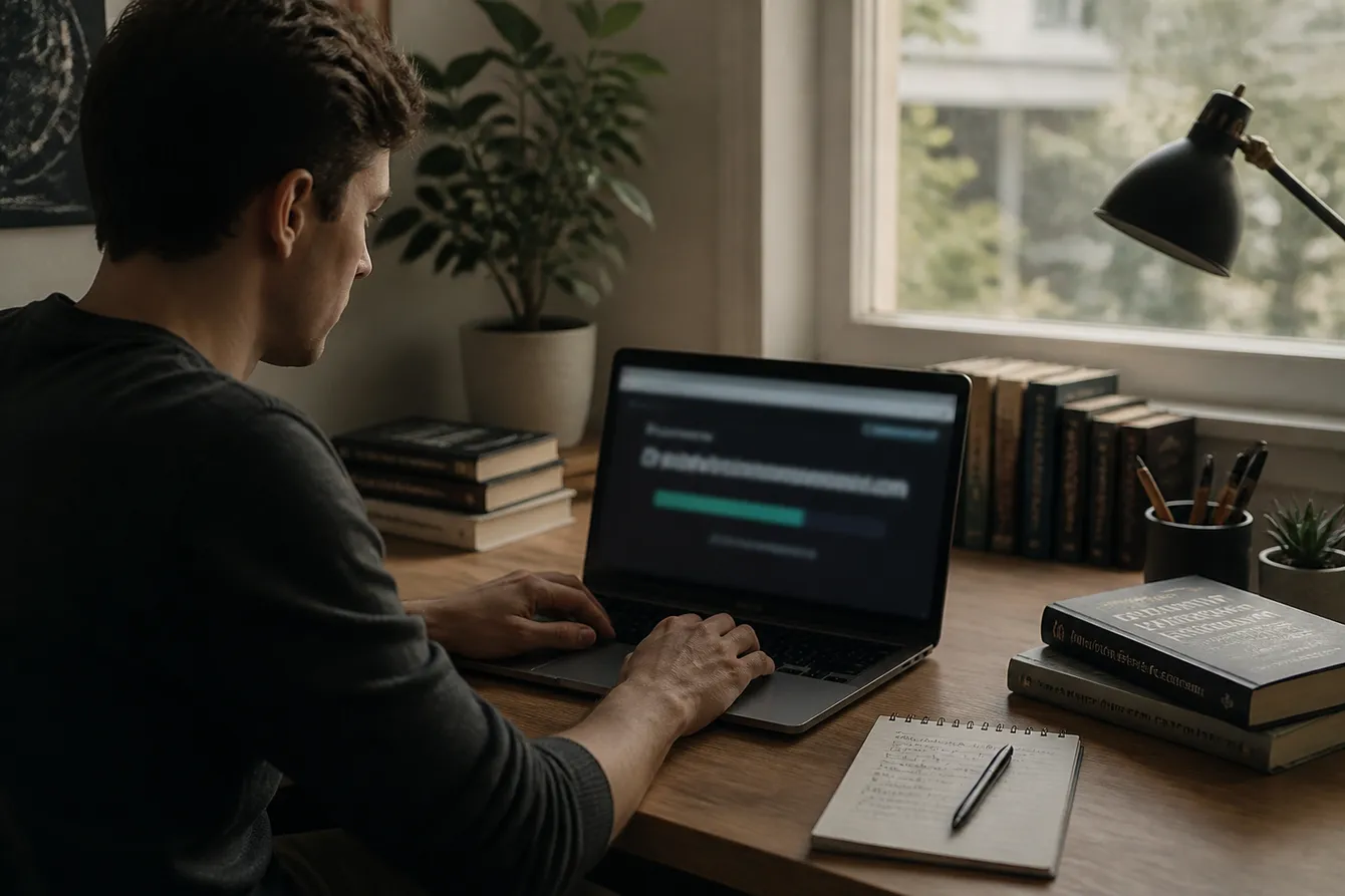 A person focused on safely downloading Tor Browser, surrounded by privacy resources and notes.