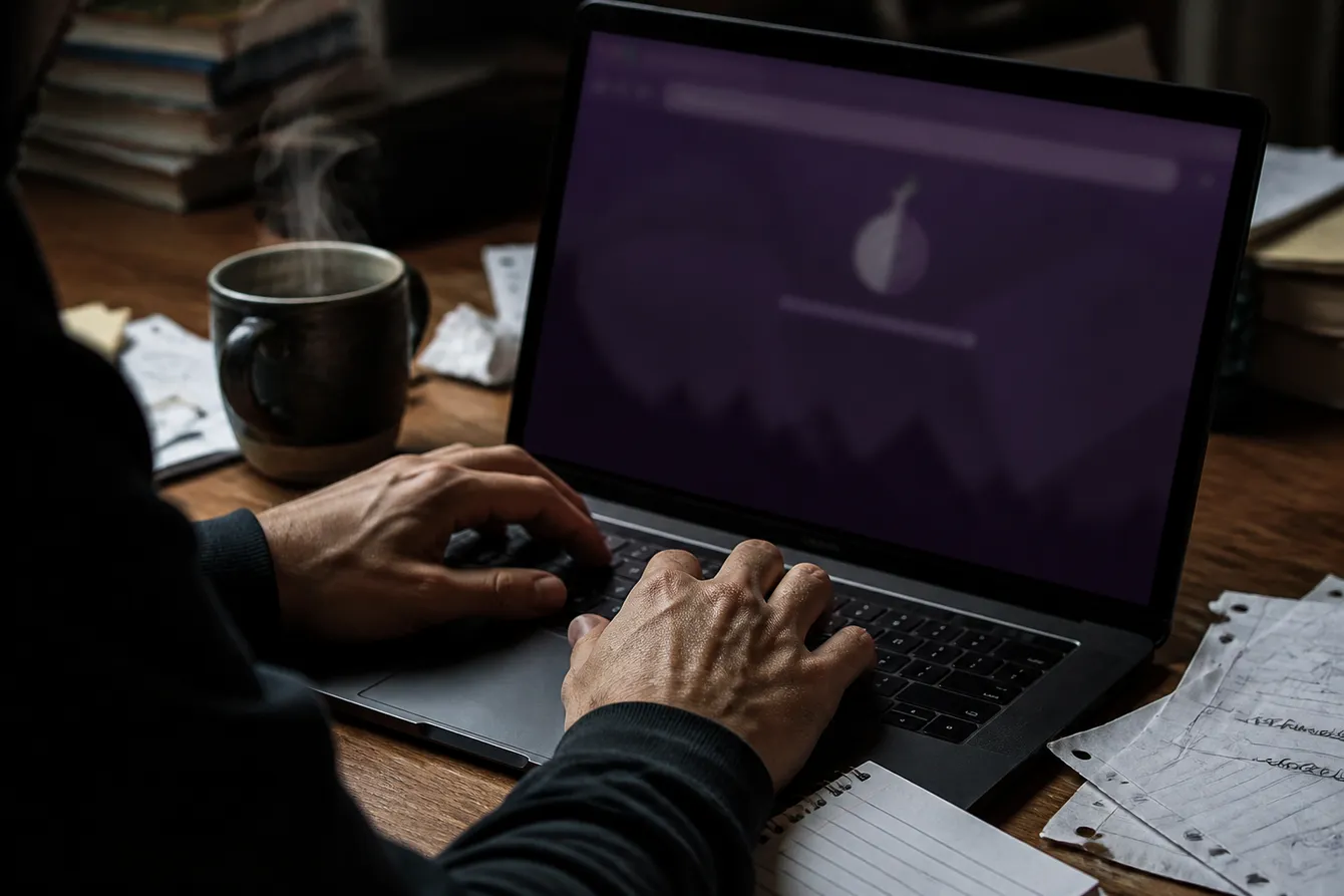 A person is focused on verifying the XPlay onion link on their laptop in a cozy home office setting.